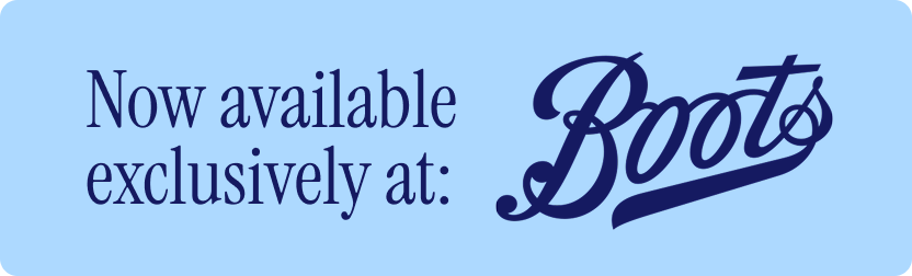 Promotional text 'Now available exclusively at: Boots' on a light blue background